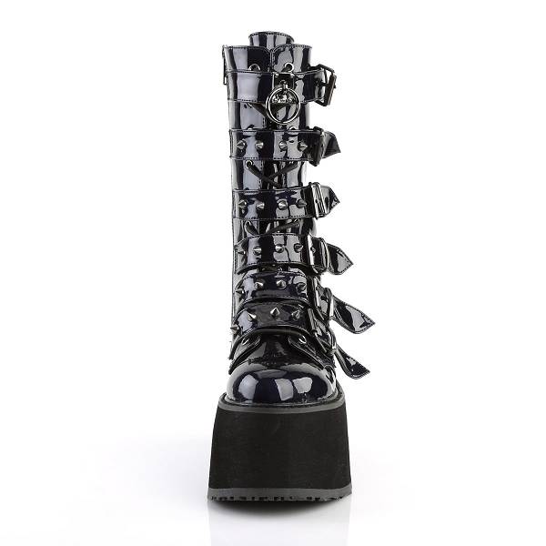 Demonia Women's Damned-225 Platform Mid Calf Boots - Black Hologram Vegan Leather D9270-65US Clearance